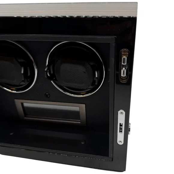 Dual Watch Winder Ebony Wood Grain Finish Black Automatic Watch Box with Adapter